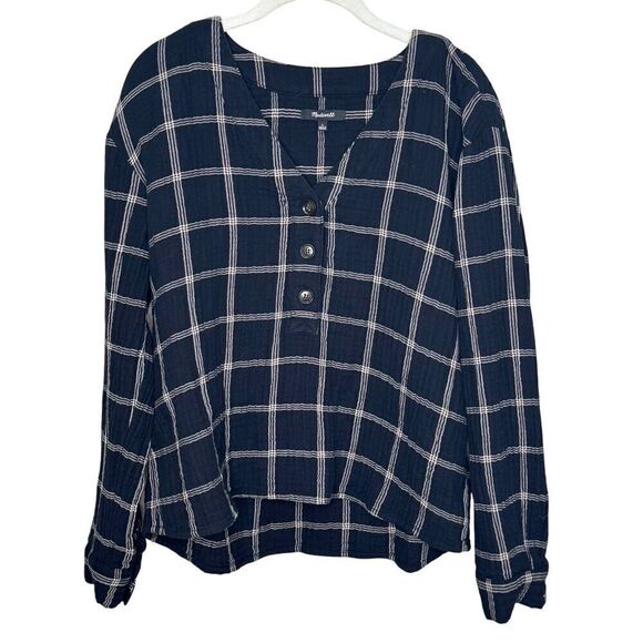 Madewell Lightspun Evert Top in Windowpane Size Large Black Long Sleeve Cotton - Picture 1 of 9